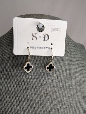 S&D Black and Gold Clover Drop Earrings with Crystal Halo